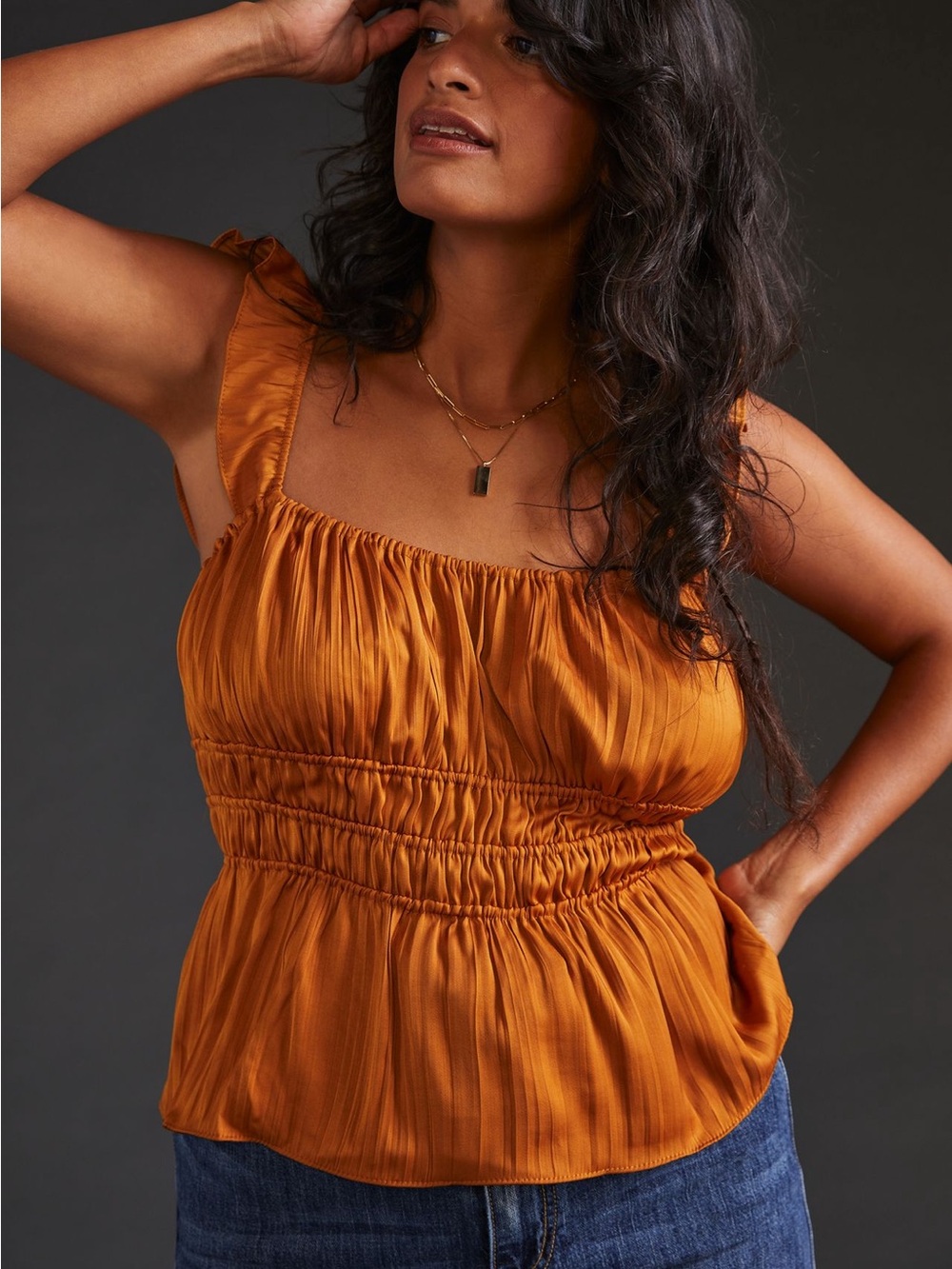 Anthropologie Satin Tiered Ruffled Tank Top in Gold XL